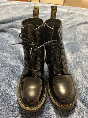 Dr. Martens Women's Black Patent Lace-Up Boots with Yellow Stitch